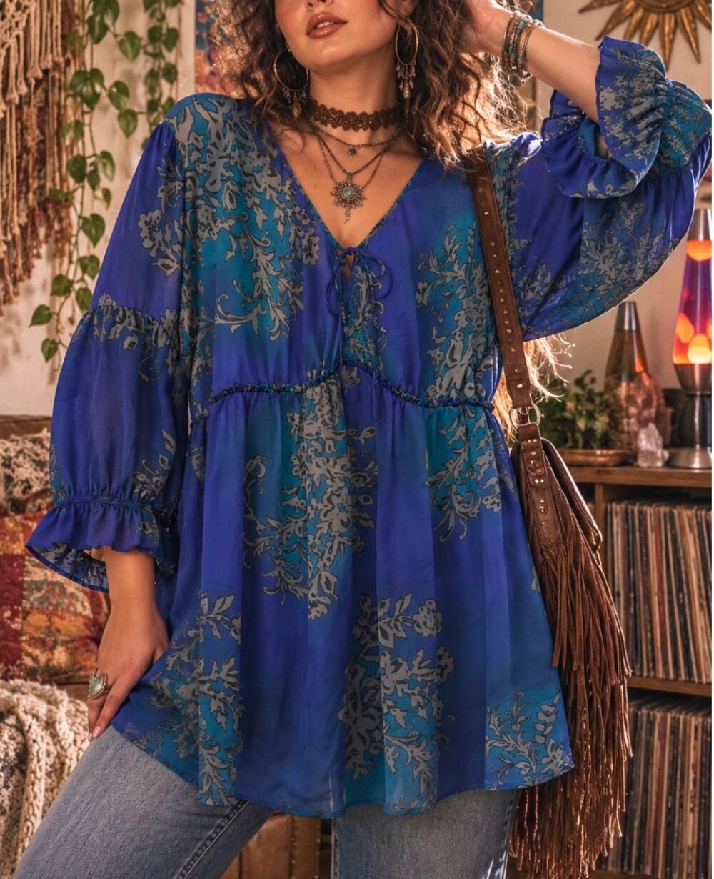 Evolution Floral satin Boho Peasant Tunic Bell Sleeve Y2K whimsigoth Plus 4X